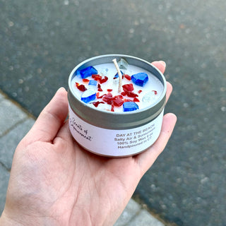 Soy Candles Embellished with Confetti Glass Red/White/Blue  - 6oz Tins Scents of Empowerment