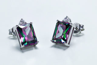 Sterling Silver Rectangular Rainbow Topaz CZ Earrings - piper-and-dune - Jewelry