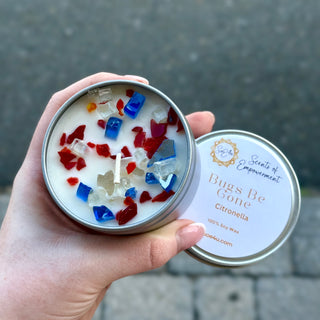 Soy Candles Embellished with Confetti Glass Red, White, Blue  - 7 Scents, 6oz Tins Scents of Empowerment