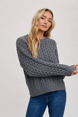 CABLE KNIT SWEATER PULLOVER: CHARCOAL / M/L Bluivy