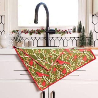 RED CARDINALS blu Kitchen Tea Towel rockflowerpaper