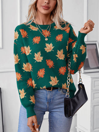 Maple Leaf Pattern Jacquard Casual Sweater Rosa Clothing