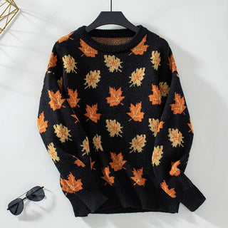 Maple Leaf Pattern Jacquard Casual Sweater Rosa Clothing