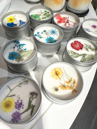 Soy Candles Embellished with Flowers - 6oz Tins Scents of Empowerment