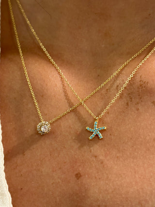 Dainty Turquoise Gem Paved Gold Starfish Necklace - Coastal Beads by Rebecca Coastal Beads by Rebecca