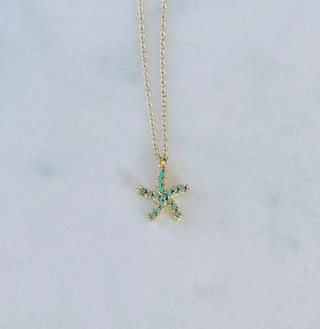 Dainty Turquoise Gem Paved Gold Starfish Necklace - Coastal Beads by Rebecca Coastal Beads by Rebecca