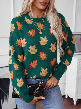 Maple Leaf Pattern Jacquard Casual Sweater Rosa Clothing