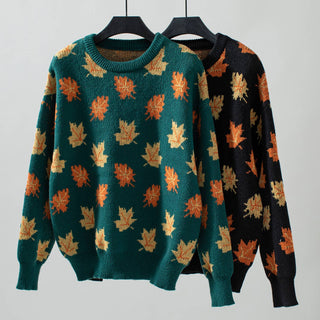 Maple Leaf Pattern Jacquard Casual Sweater Rosa Clothing