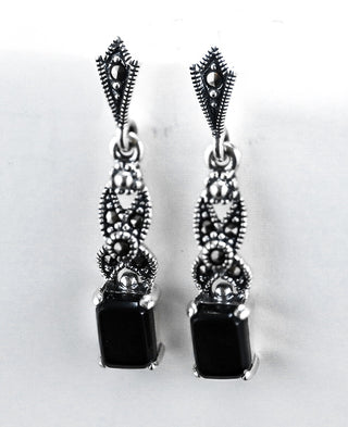 Sterling Silver Dangling Rectangular Black Onyx Marcasite Earrings - piper-and-dune - Jewelry