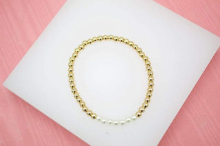 18K Gold Filled 4mm Gold Elastic Bead Bracelet With Pearls MIA Jewelry