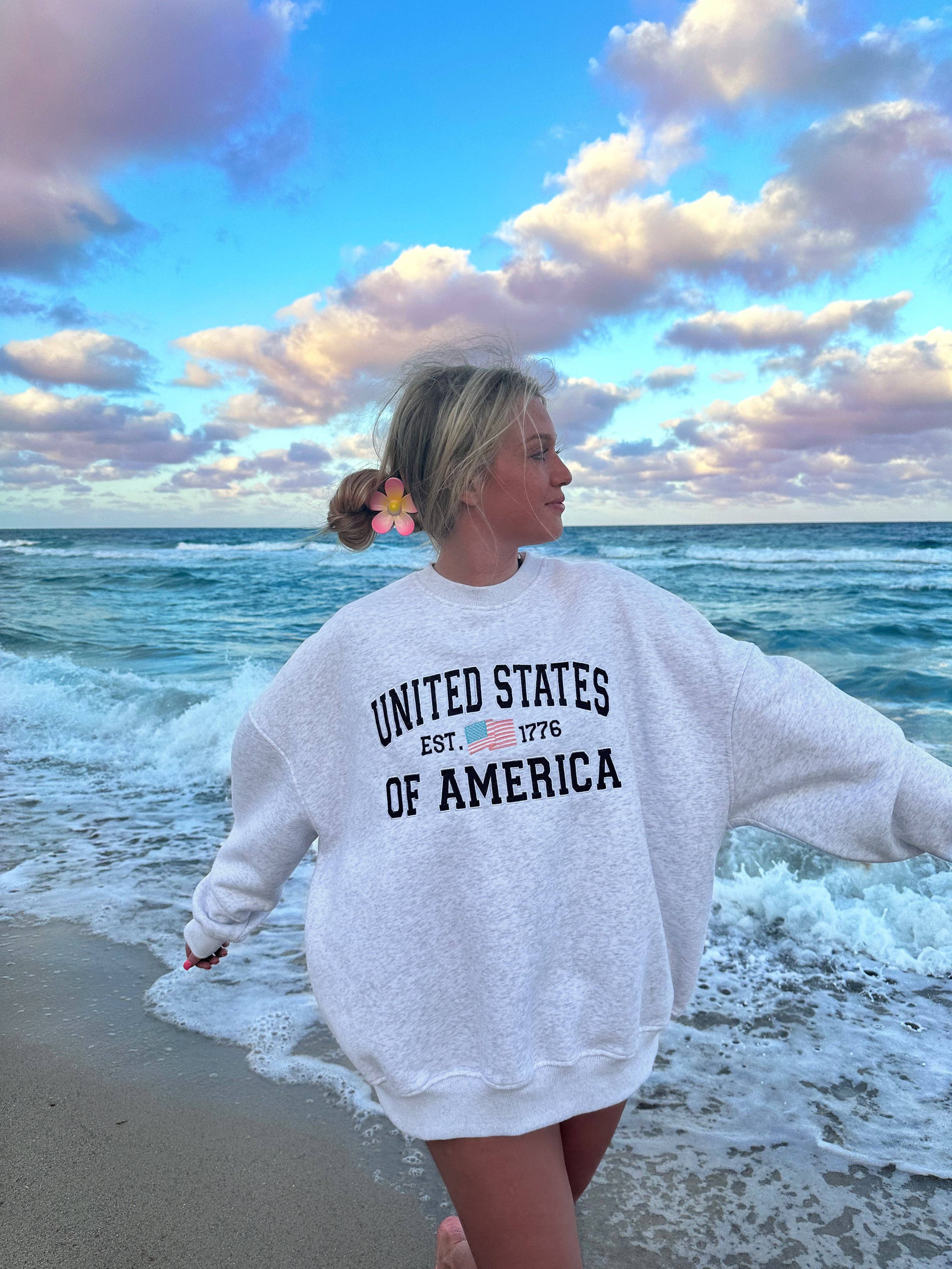 USA Embroidered Flag Sweatshirt - Unisex Sizing | Sunkissed Coconut