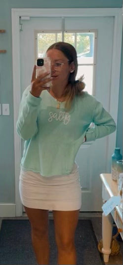 "Salty" V Neck Embroidered Sweater | Seafoam Pearls & Camo