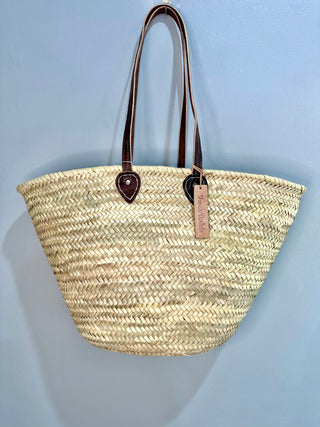 Straw Tote Bag Long Flat Over-the-shoulder Leather Handle French Baskets French Baskets