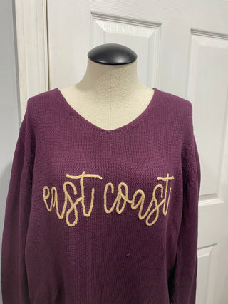 "East Coast" Script V-Neck Embroidered Sweater | Burgundy Pearls & Camo