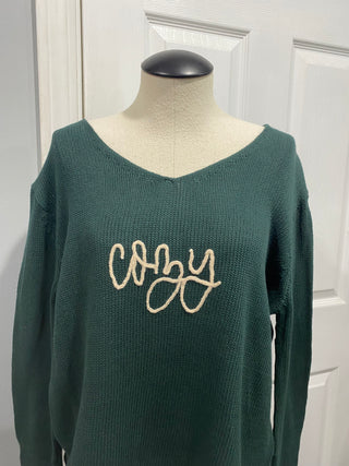 "Cozy" Script V-Neck Embroidered Sweater | Forest Green Pearls & Camo