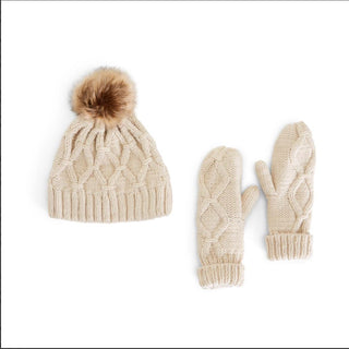 Oatmeal Cable Knit Hat and Mitten Set Two's Company